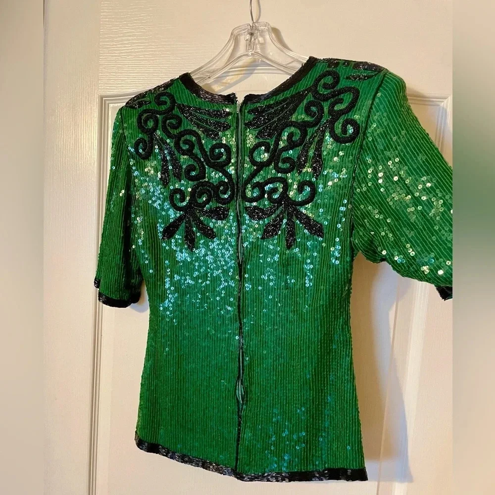Vintage Justine Todd 100% Silk Green Beaded Sequin Top Size XS Petite Party Fest